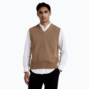 Panache 100% English Lambs Wool Sweater Vest Size Medium Greece Brown V Neck Vtg